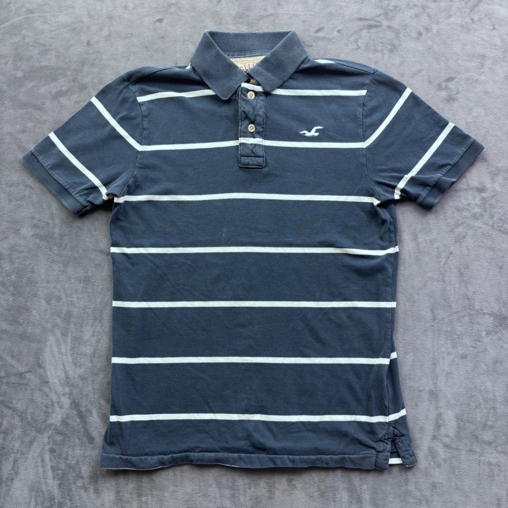 Hollister California Mens Navy Blue White Striped Short Sleeve Polo Shirt Size M